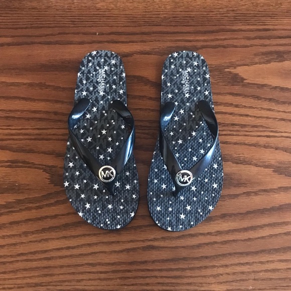 Michael Kors Women Summer Sandal Star Flip Flop Navy Silver Size 7 MK Logo Slide - Picture 1 of 7